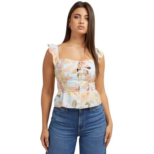 guess women's sleeveless carine peplum top, peach fiore