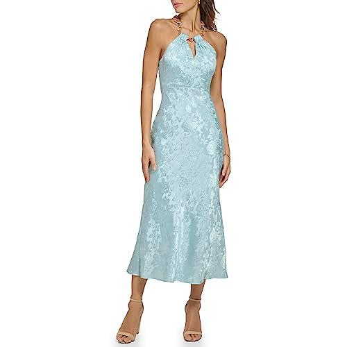 guess women's sleeveless halter bodice satin midi dress, light aqua, 16