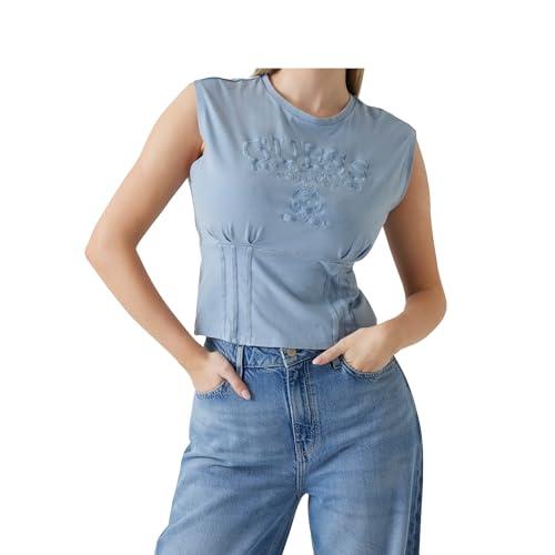 guess women's sleeveless nautical logo corset tee, nimbus blue multi