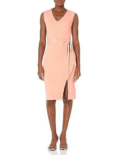 guess women's sleeveless sharon v neck dress, sweet peach multi