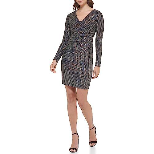 guess women's sparkle long sleeve v-neck dress, multi, 8