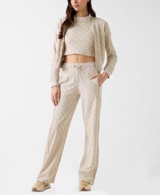 guess womens 4g all over jacquard high neck full zip jacket all over pattern short sleeve t shirt wide leg pants