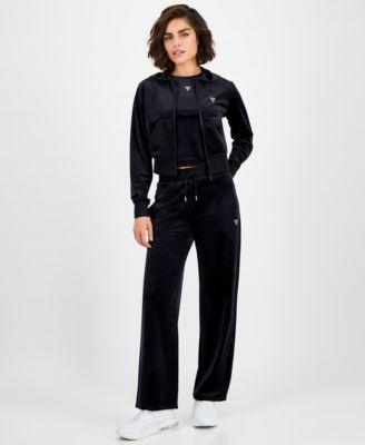 guess womens couture cropped velour hoodie short sleeve t shirt couture straight leg velour pants