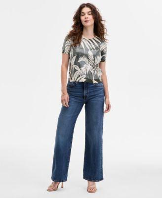 guess womens sequin printed short sleeve sweater high rise wide leg jeans