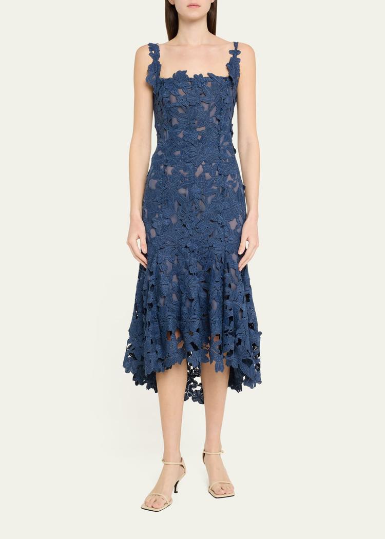 guipure asymmetric trumpet midi day dress