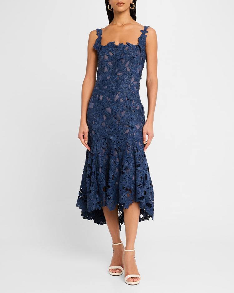 guipure asymmetric trumpet midi day dress