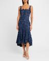 guipure asymmetric trumpet midi day dress