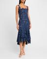 guipure asymmetric trumpet midi day dress