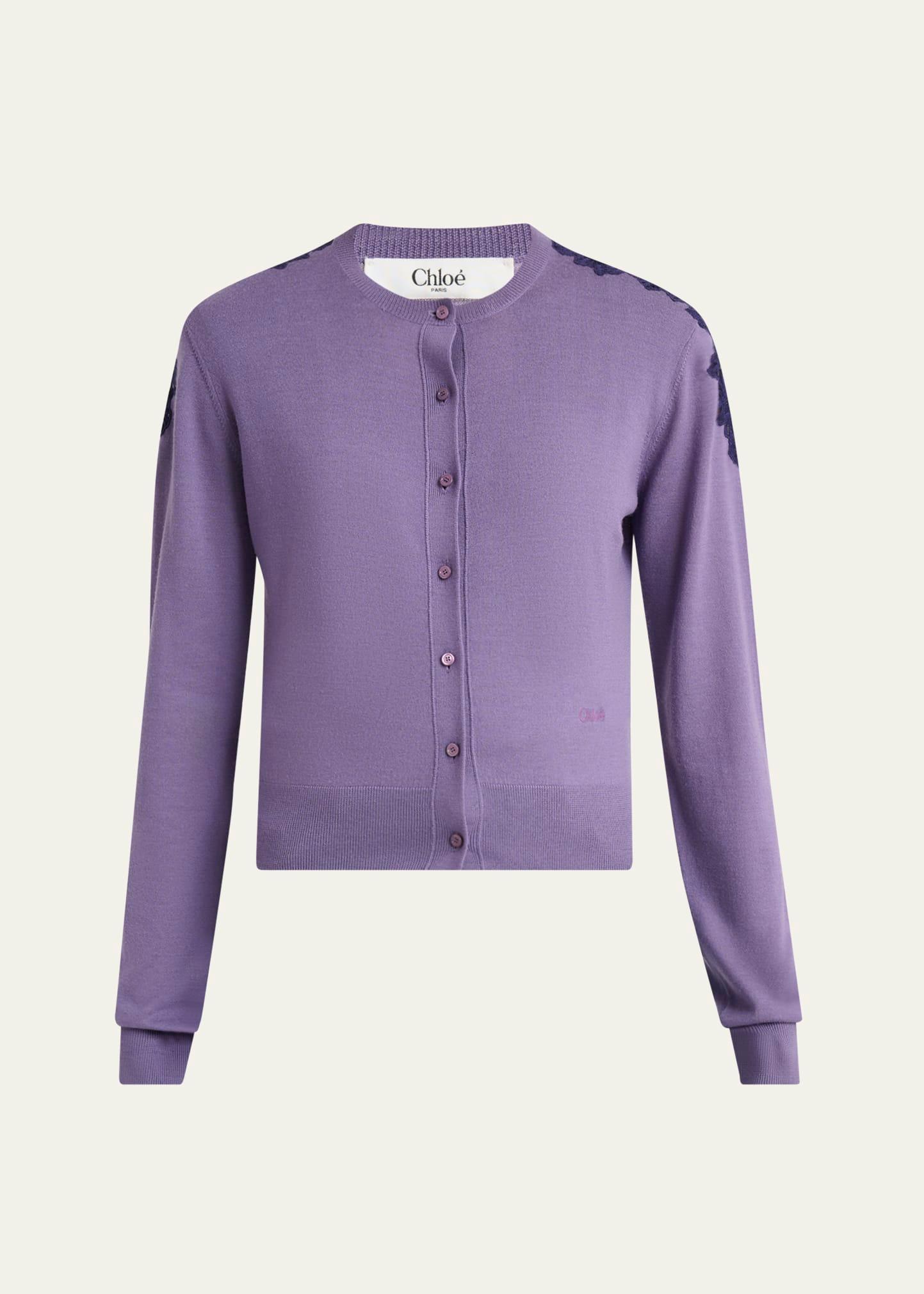 guipure lace-trim crewneck knit cardigan