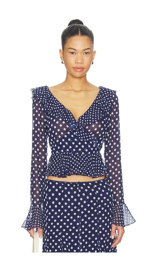 guizio mallorca ruffle wrap top in navy.