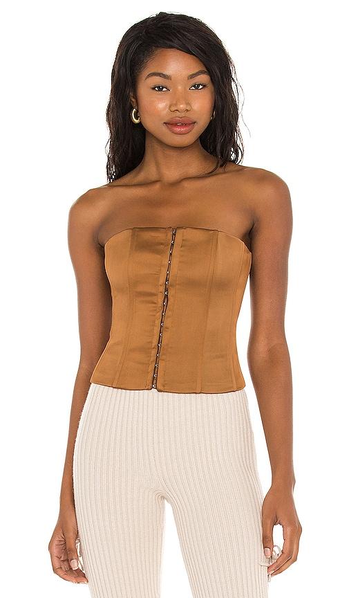 guizio satin corset top in cognac.