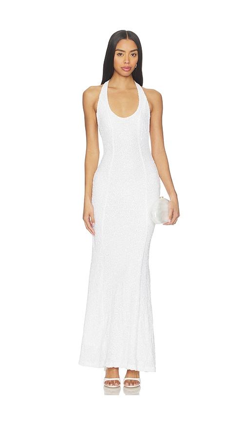guizio scarf open neck dress in ivory.