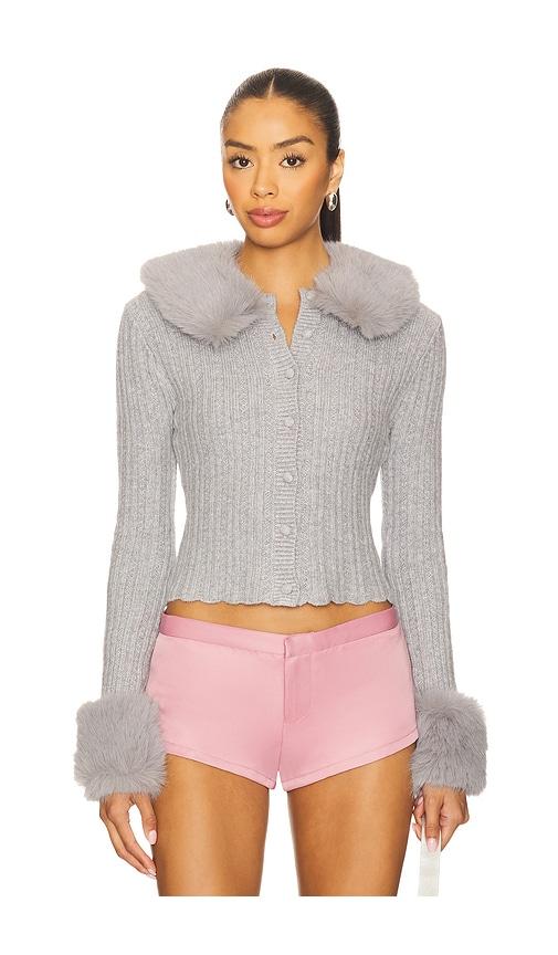 guizio x revolve heart faux fur knit cardigan in grey.