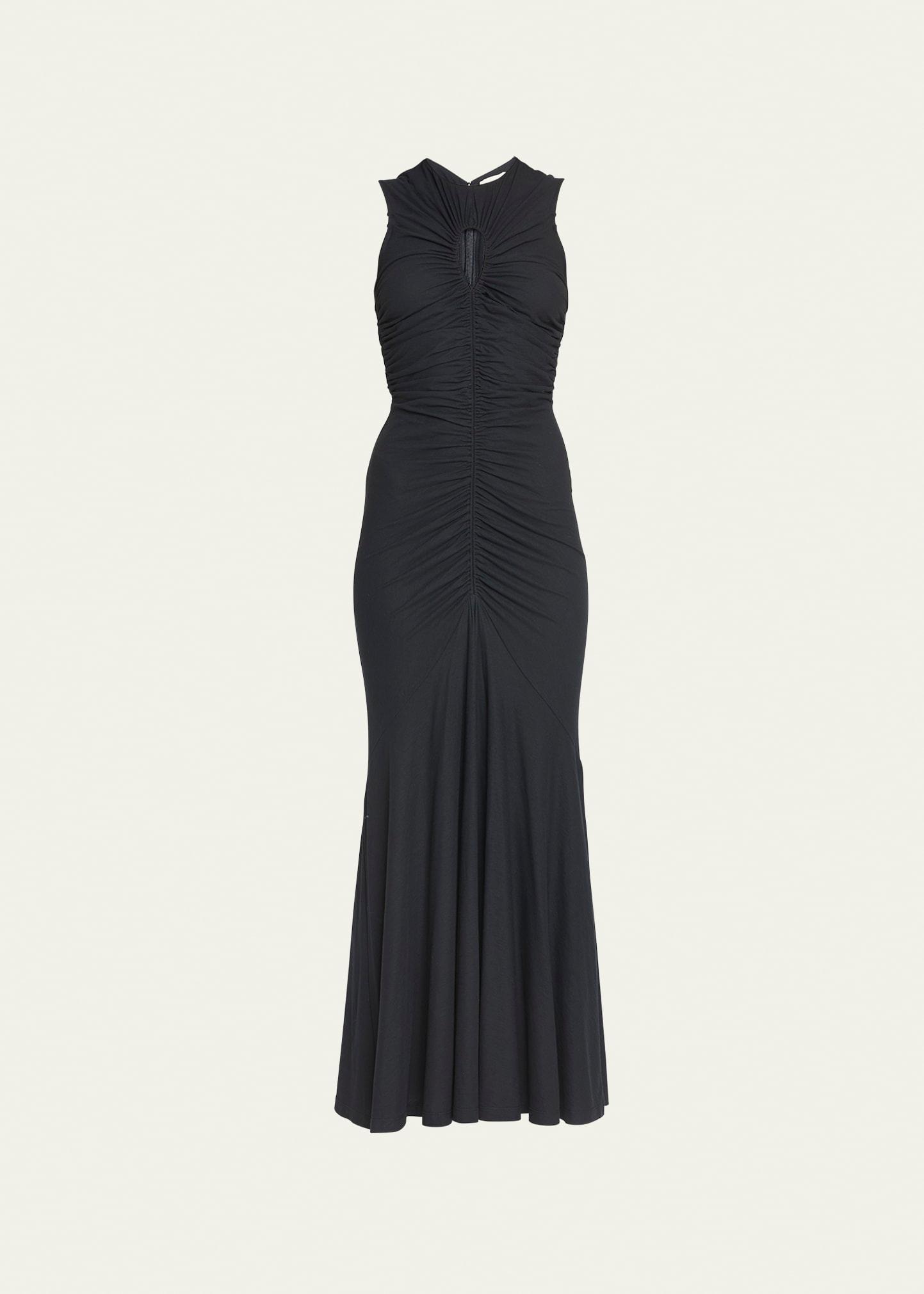 gwynne long sleeveless ruched dress with keyhole