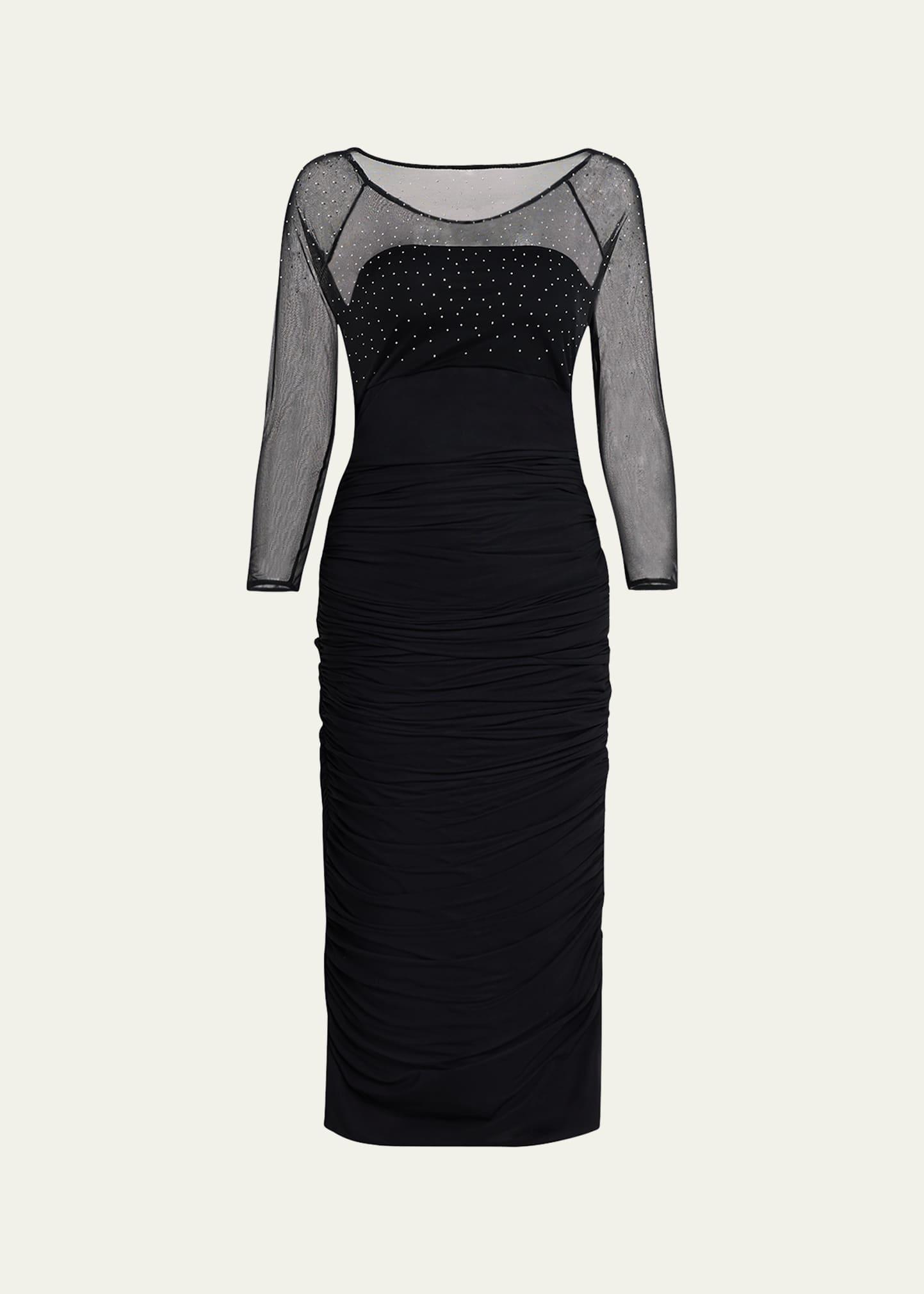 gyun ruched rhinestone illusion midi dress