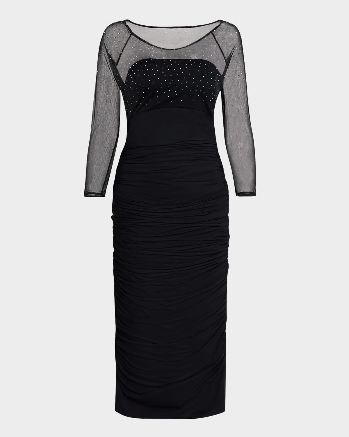 gyun ruched rhinestone illusion midi dress