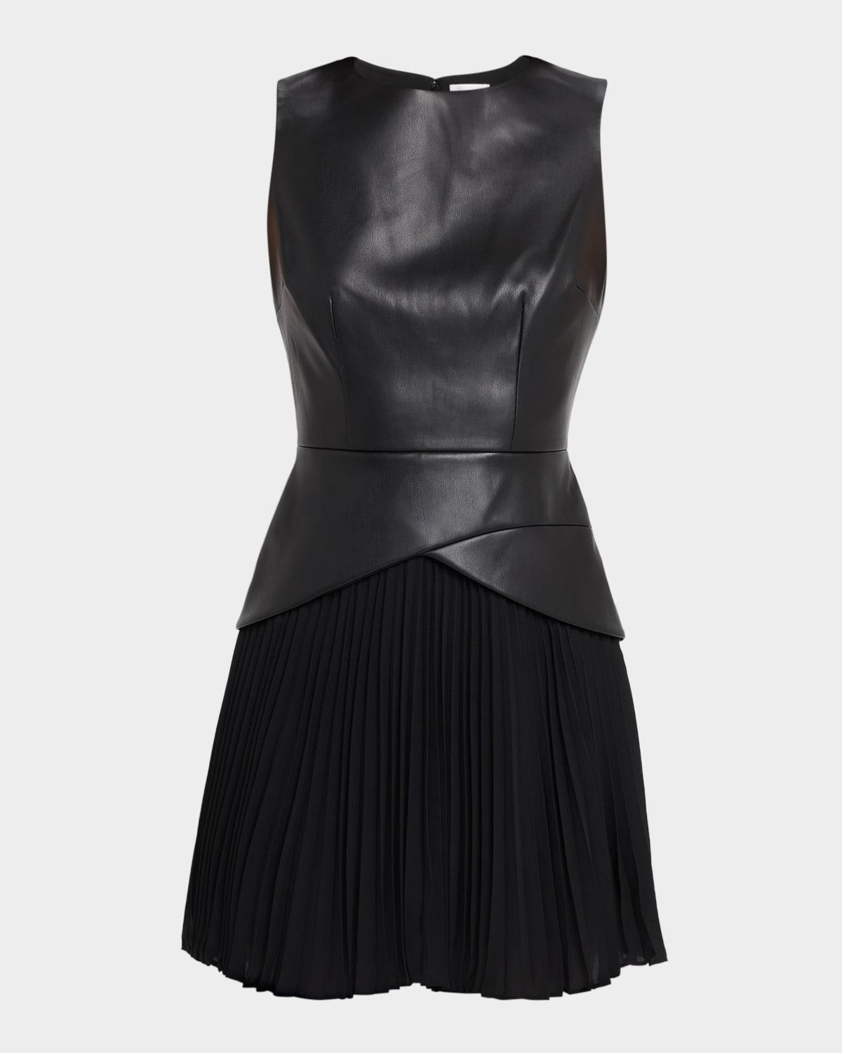 haddy faux leather & pleated chiffon mini dress