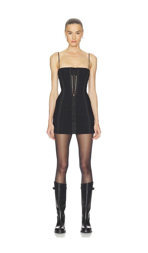 haelo layered lace up corset dress in black.