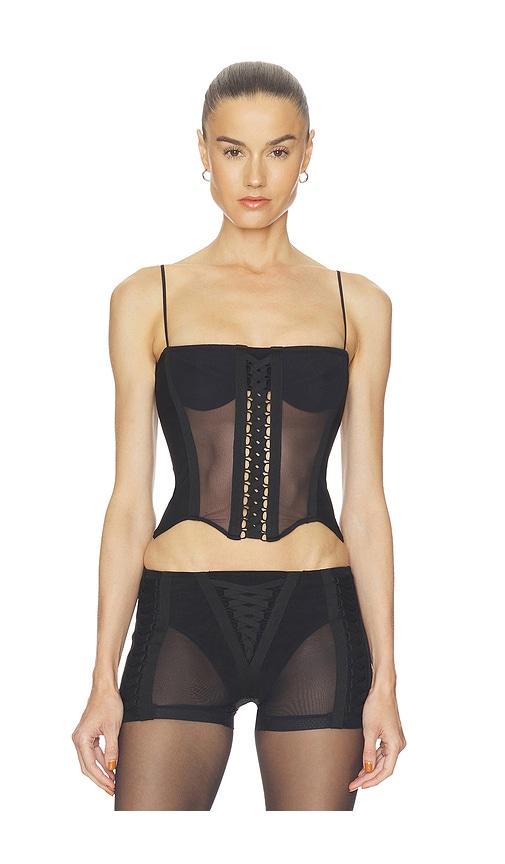 haelo layered lace up corset top in black.