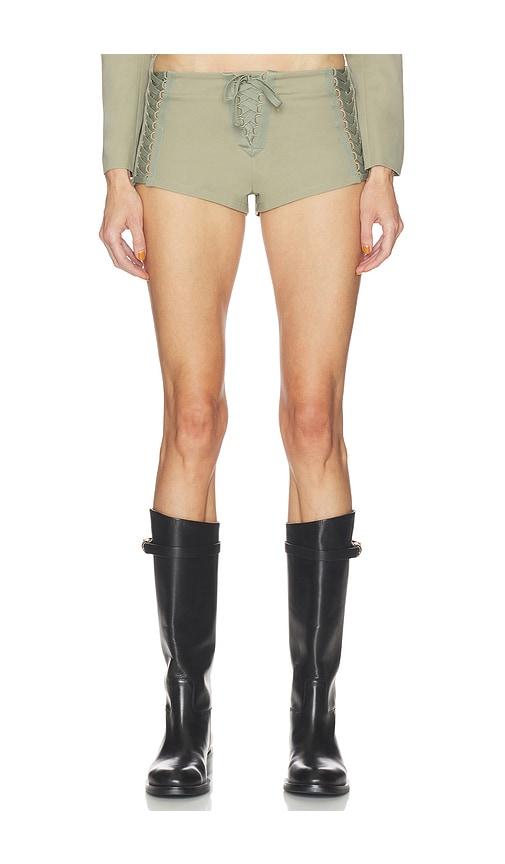 haelo open lace up micro shorts in surplus khaki in olive.