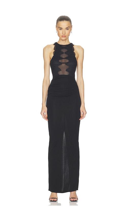 haelo wave lace evening dress in black.