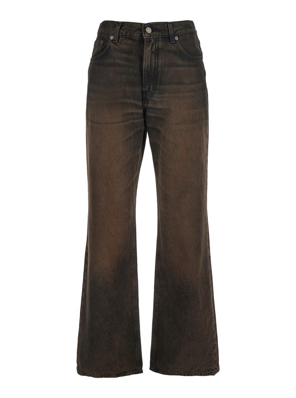haikure korea brown jeans with wide leg and logo patch on the rear in denim woman