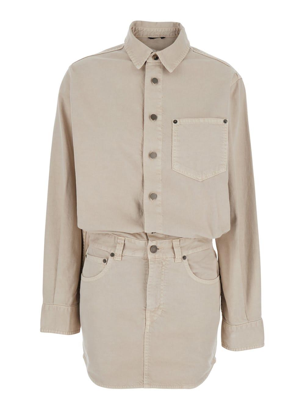 haikure tamu beige dress with drop shoulders and logo patch on the back in cotton woman