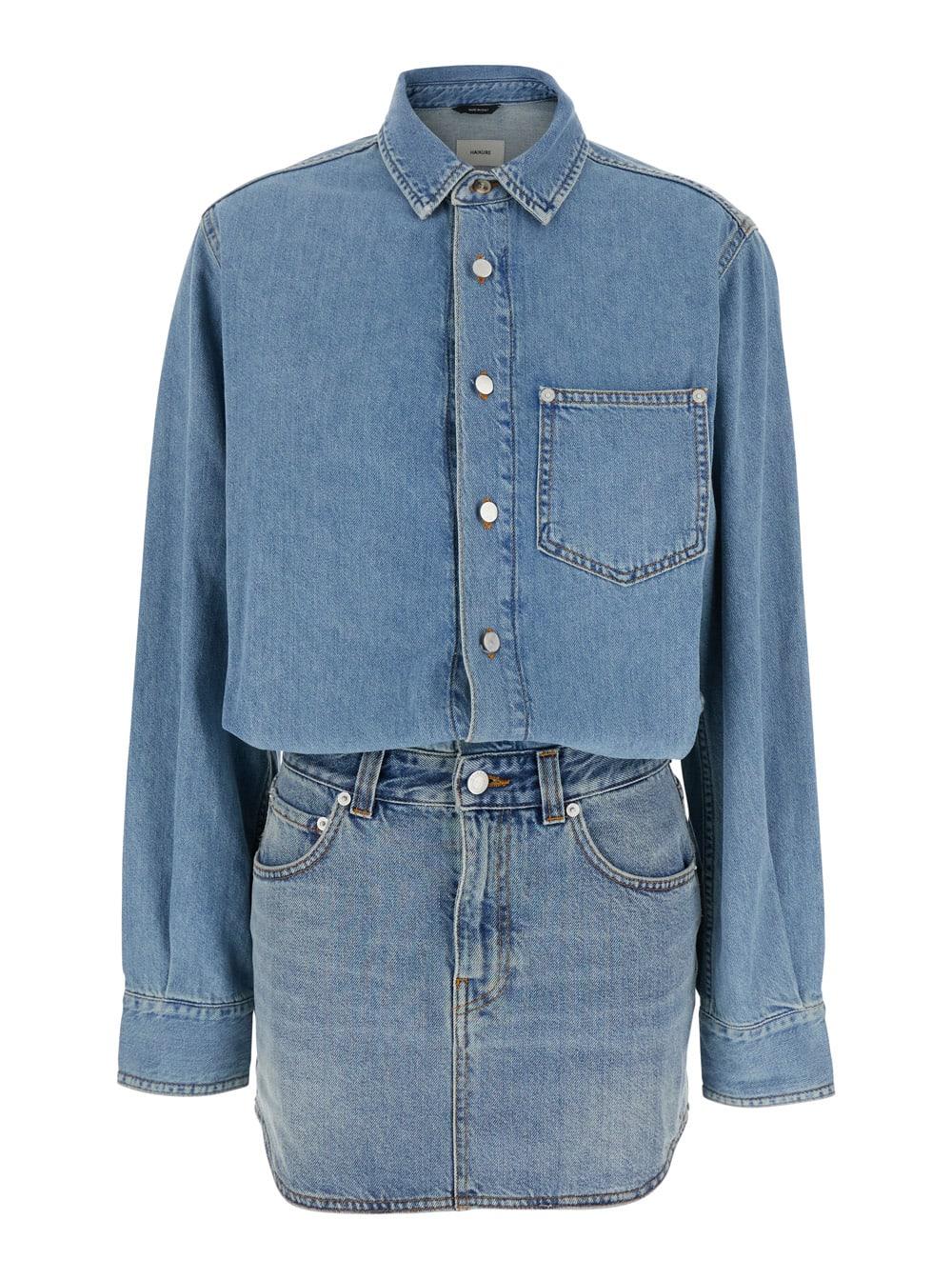 haikure tamu blue dress with drop shoulders and logo patch on the back in cotton woman