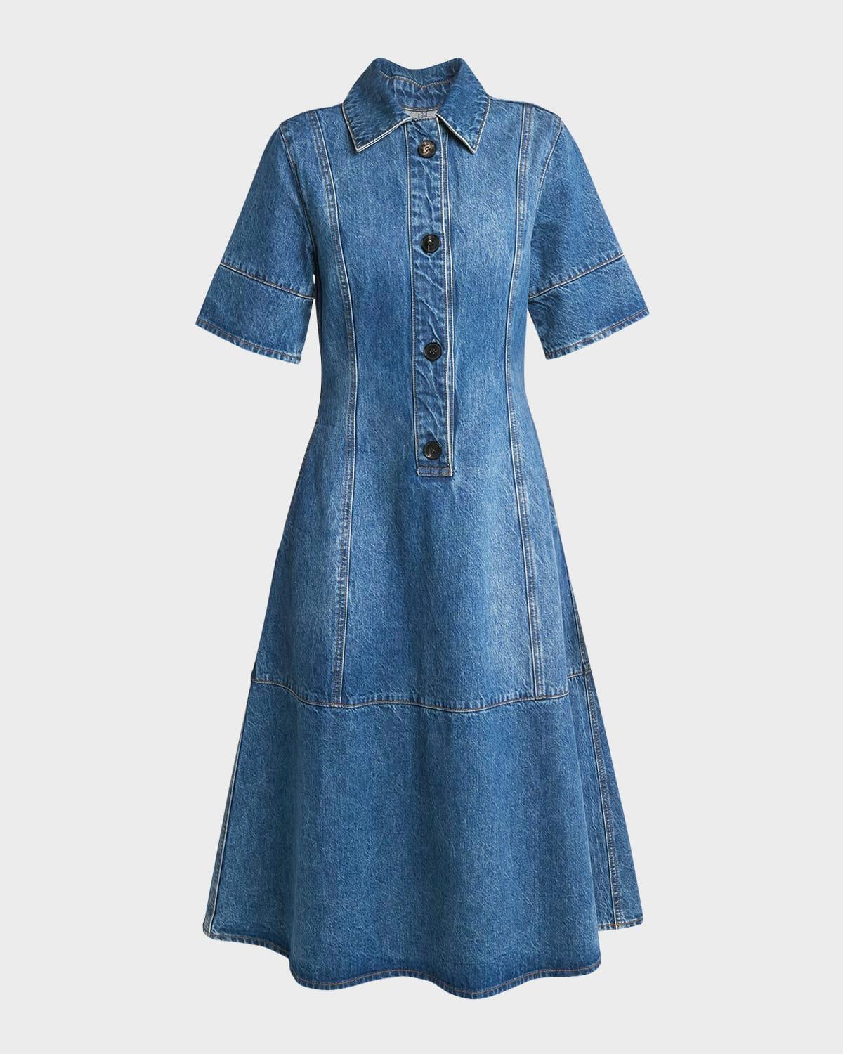 half-placket short-sleeve denim mini shirtdress