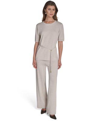 halston womens metallic tie waist round neck top high rise wide leg knit pants