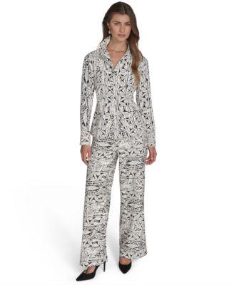 halston womens printed button front shirt printed high rise wide leg pants