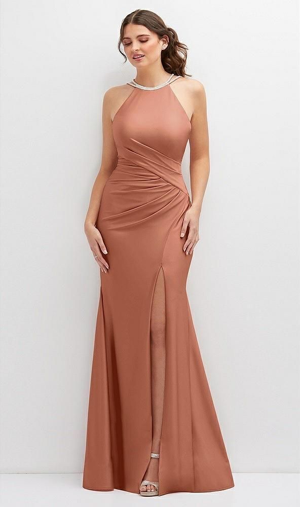 halter asymmetrical draped stretch satin mermaid dress with rhinestone straps
