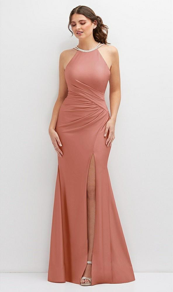 halter asymmetrical draped stretch satin mermaid dress with rhinestone straps