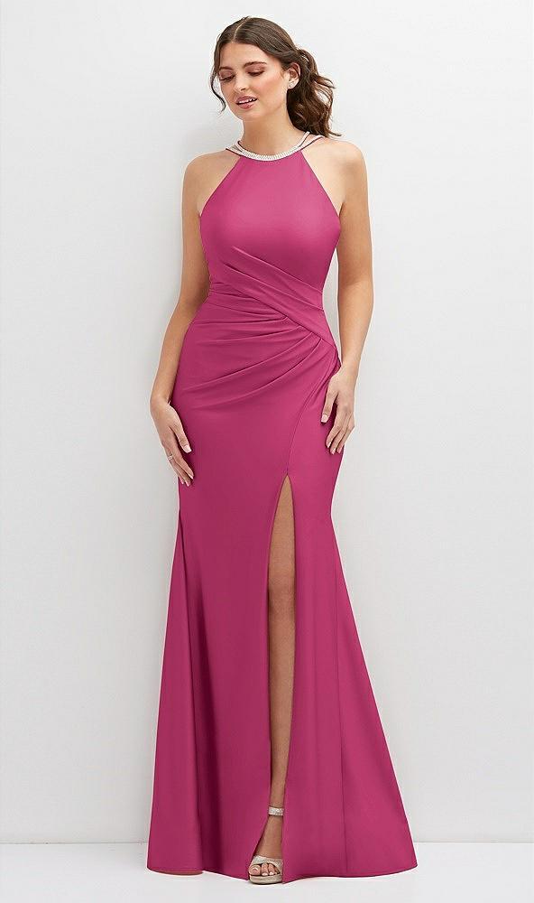 halter asymmetrical draped stretch satin mermaid dress with rhinestone straps