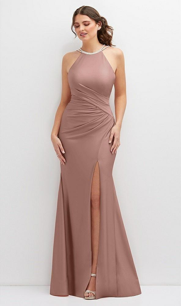 halter asymmetrical draped stretch satin mermaid dress with rhinestone straps
