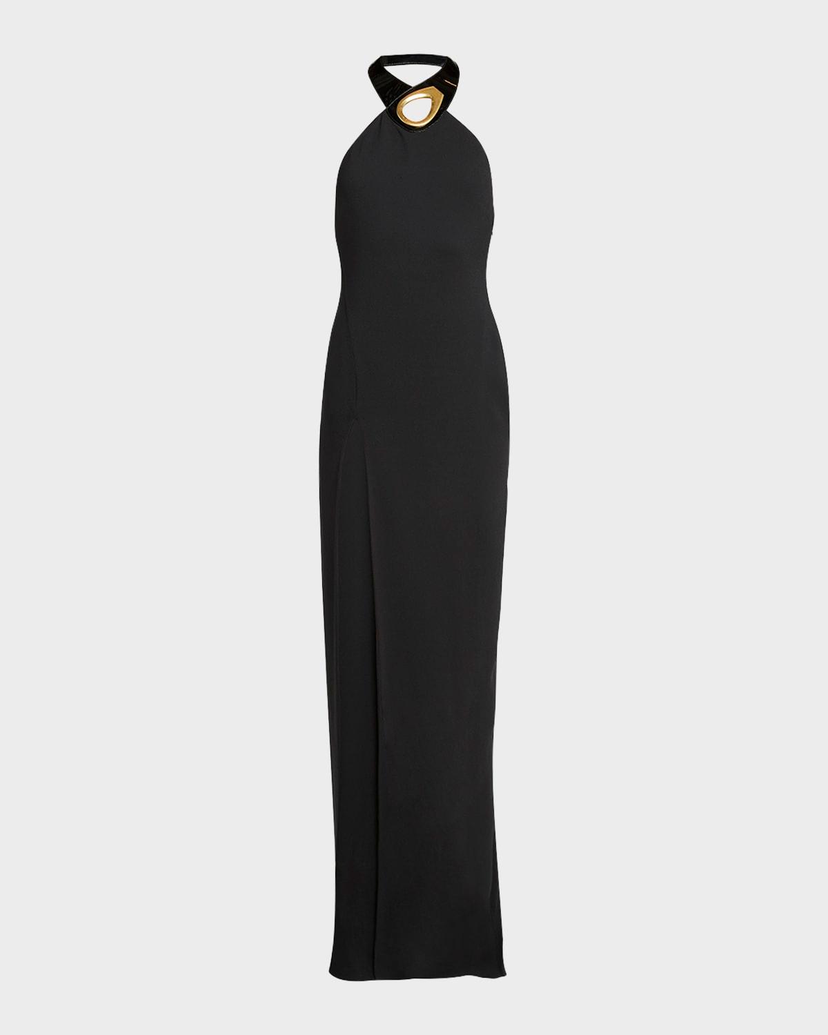 halter backless slit stretch-sable evening dress