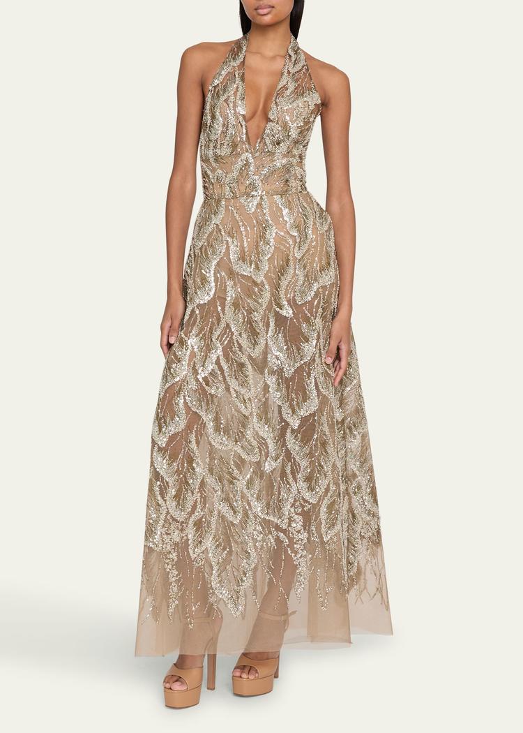 halter beaded tulle gown