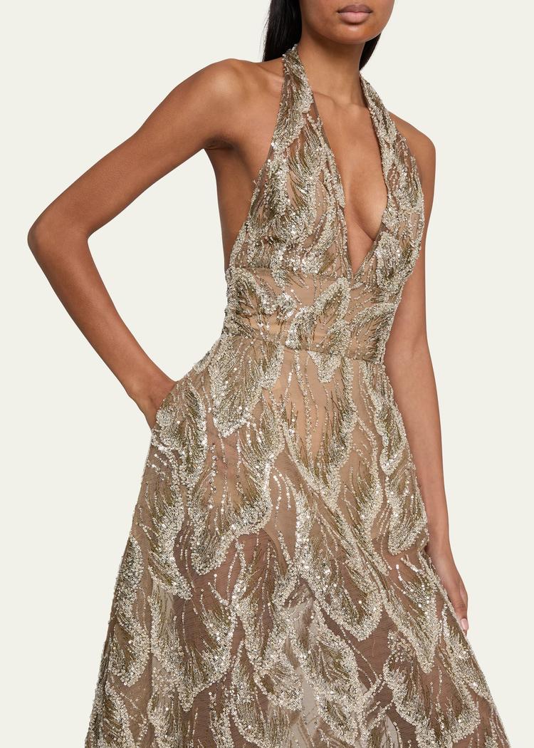 halter beaded tulle gown