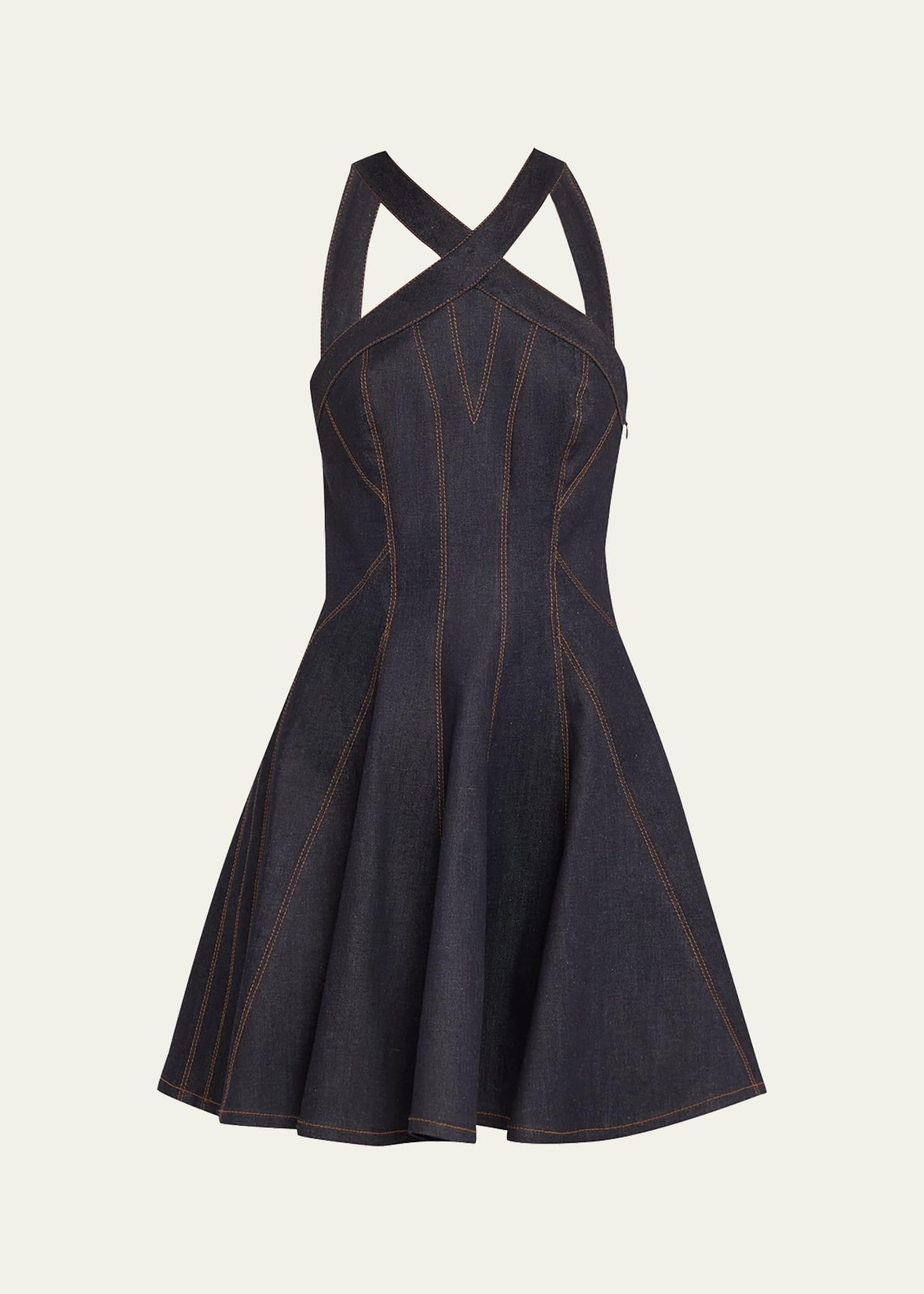 halter curved seam denim mini skater dress