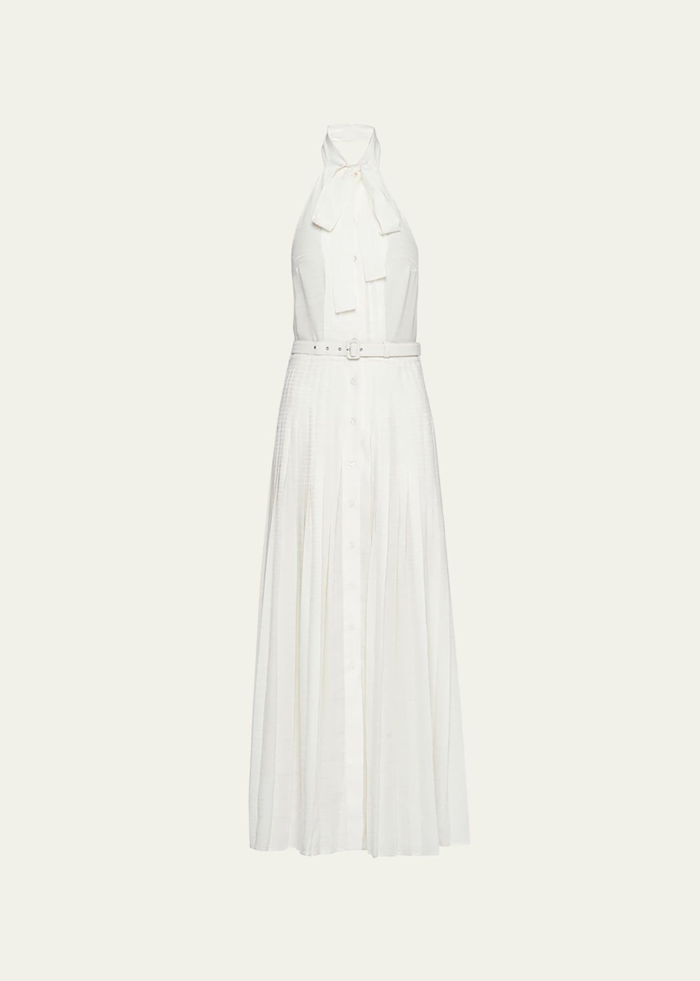halter pleated silk belted dress
