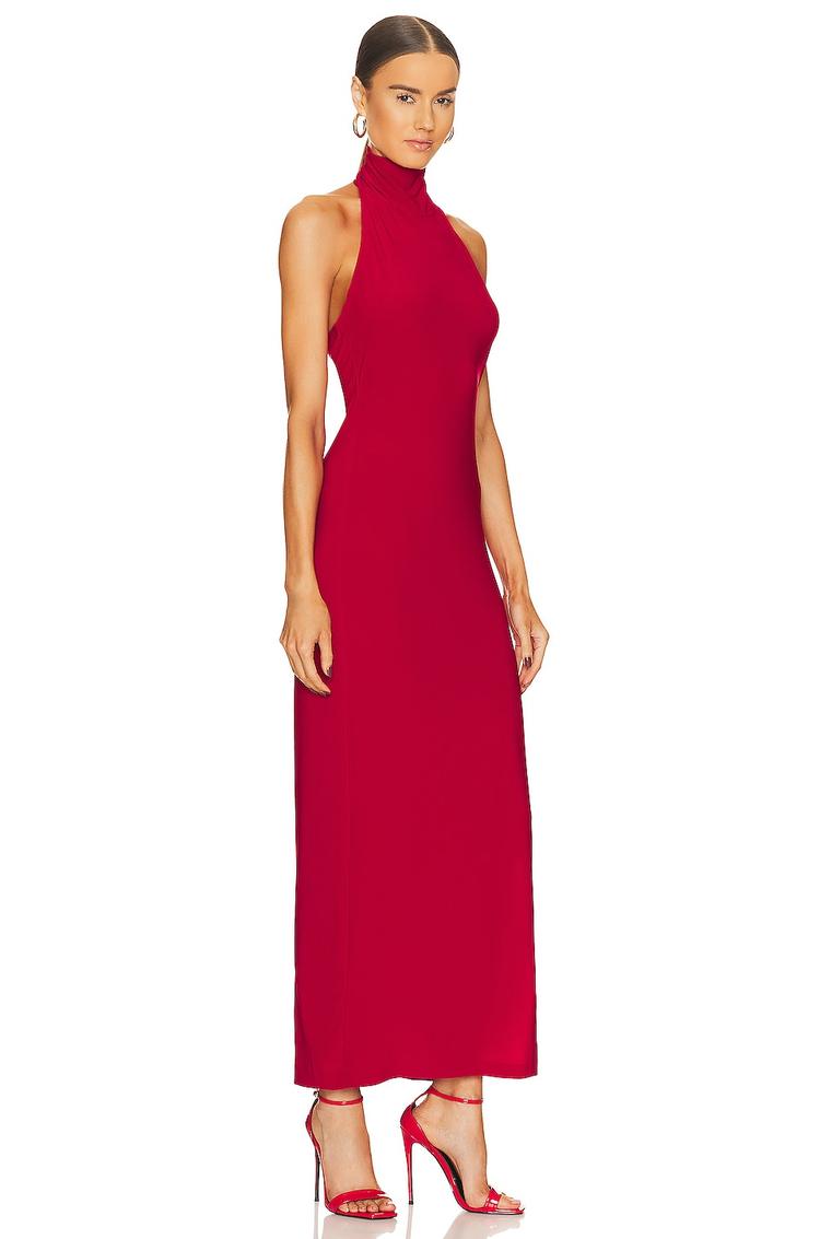 halter turtleneck side slit gown