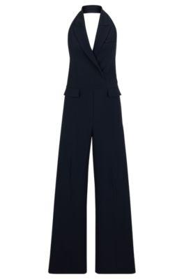 halterneck jumpsuit with peak lapels- dark blue women's business dresses