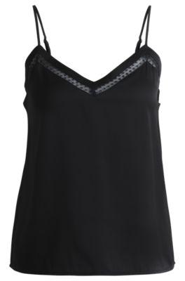 hammered-satin camisole with lace insert- black women's business blouses