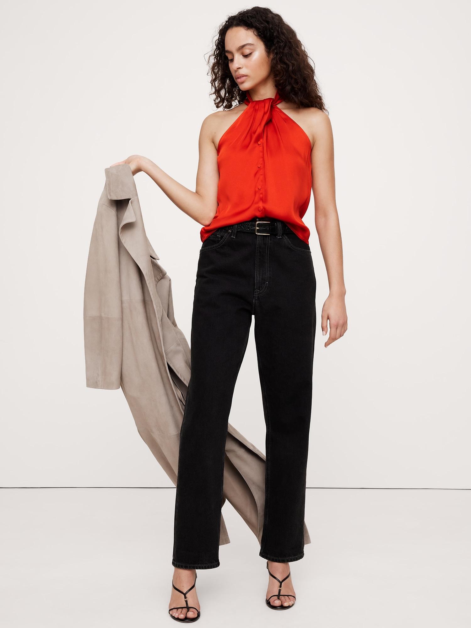 hammered satin halter button-down top