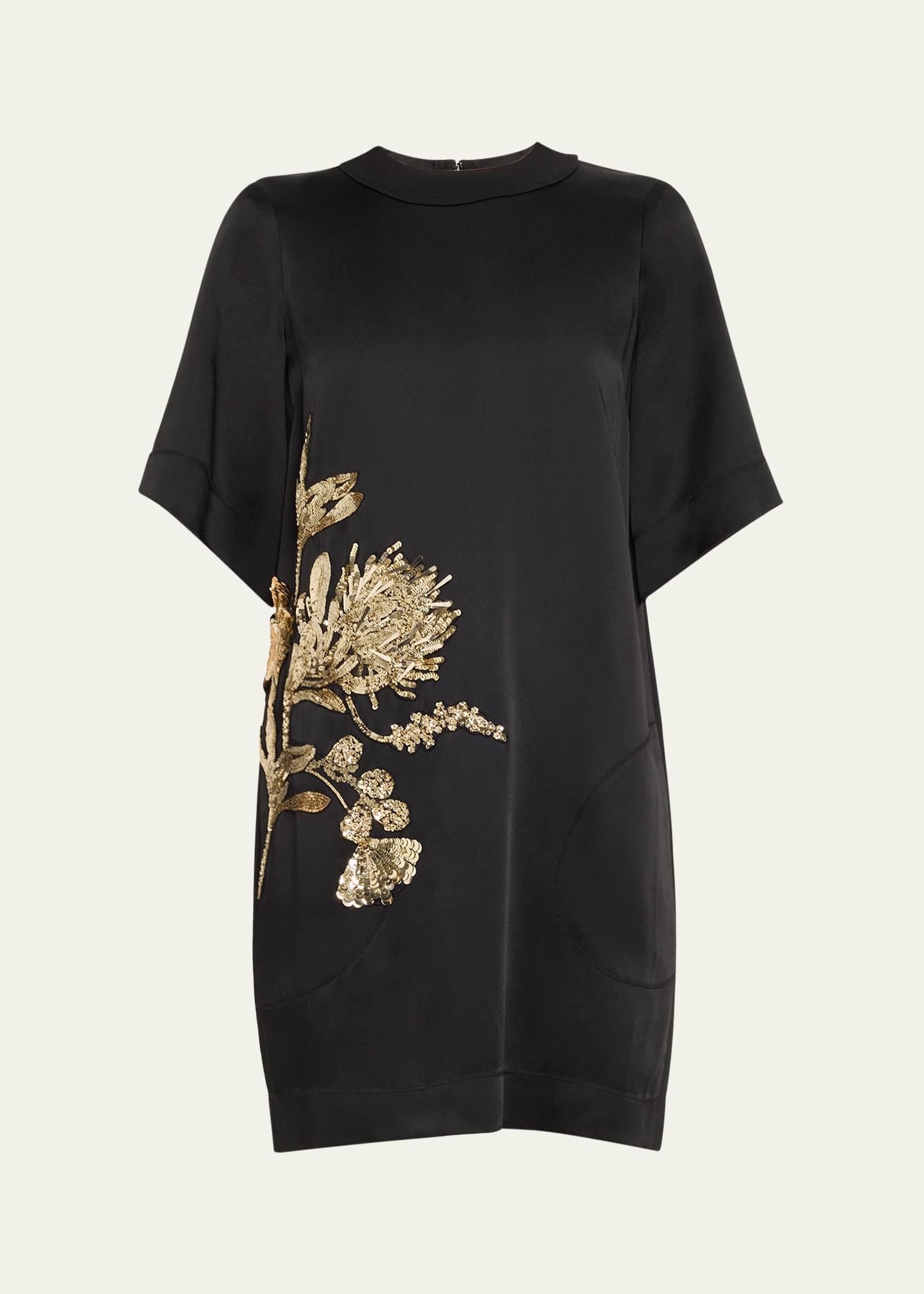 hammered satin mini shift dress with floral embellished details