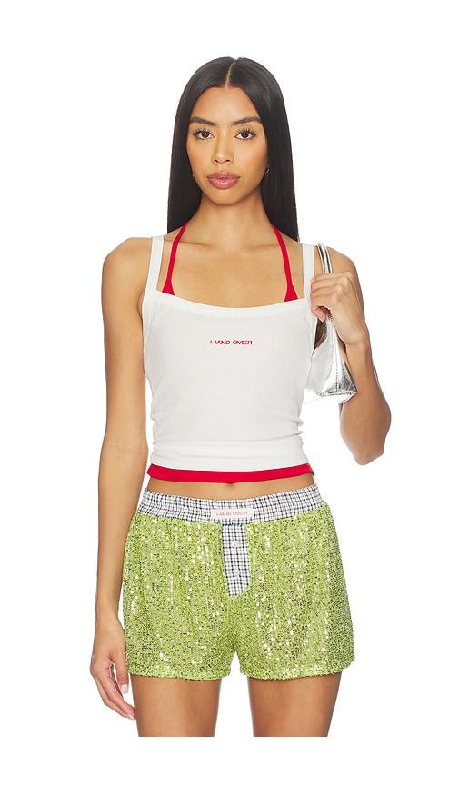 hand over matt tank top in white.