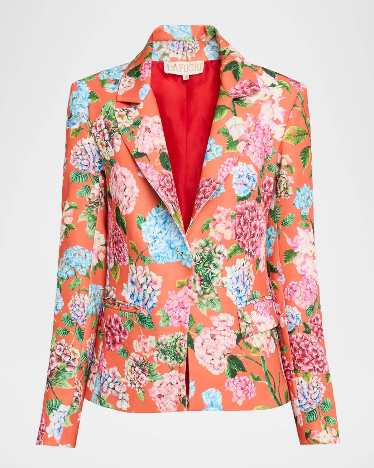 hand-painted hydrangea print single-breasted blazer
