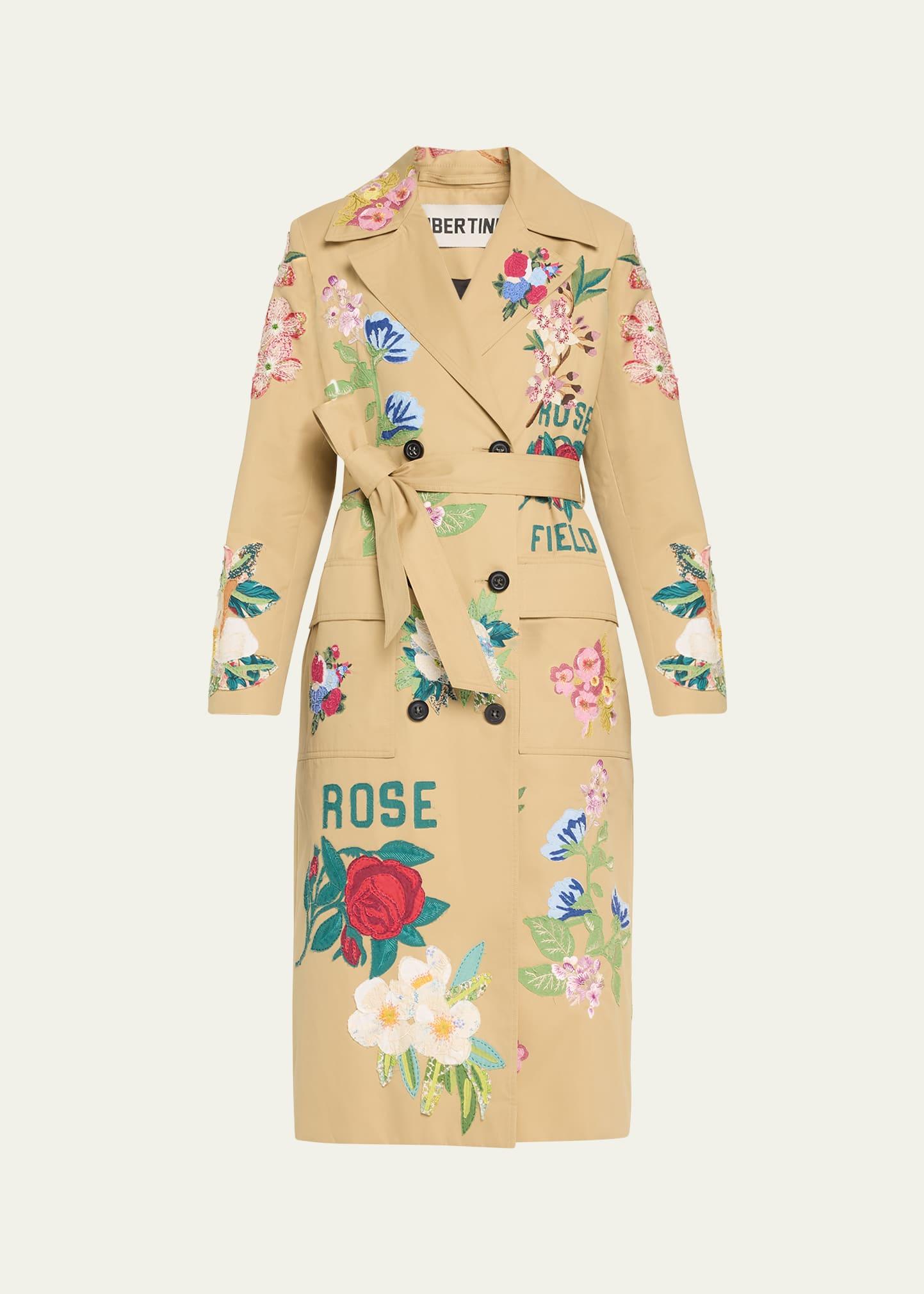 hand quilted floral trench coat with tie belt