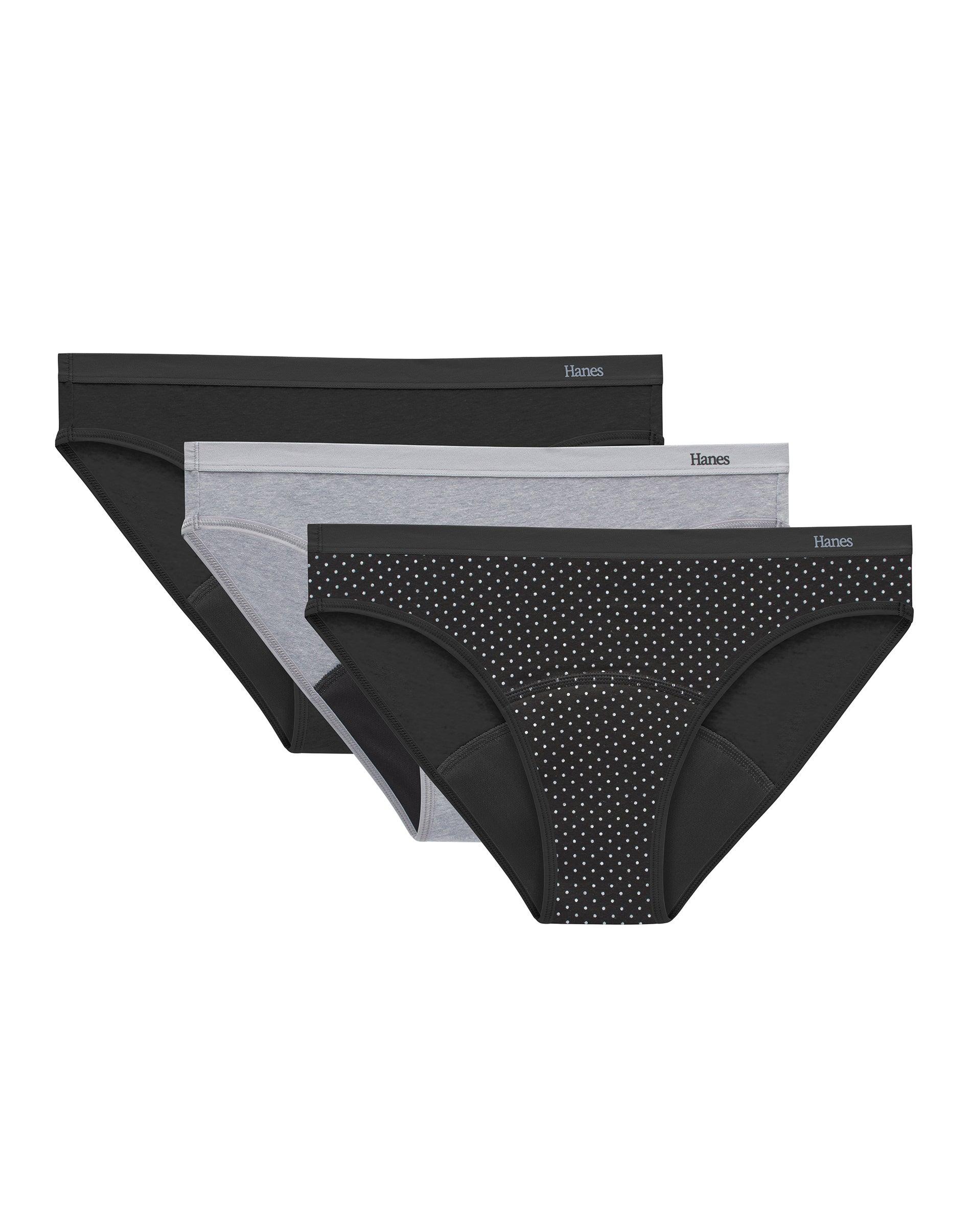 hanes comfort, period. bikini underwear, super leaks, 3-pack assorted