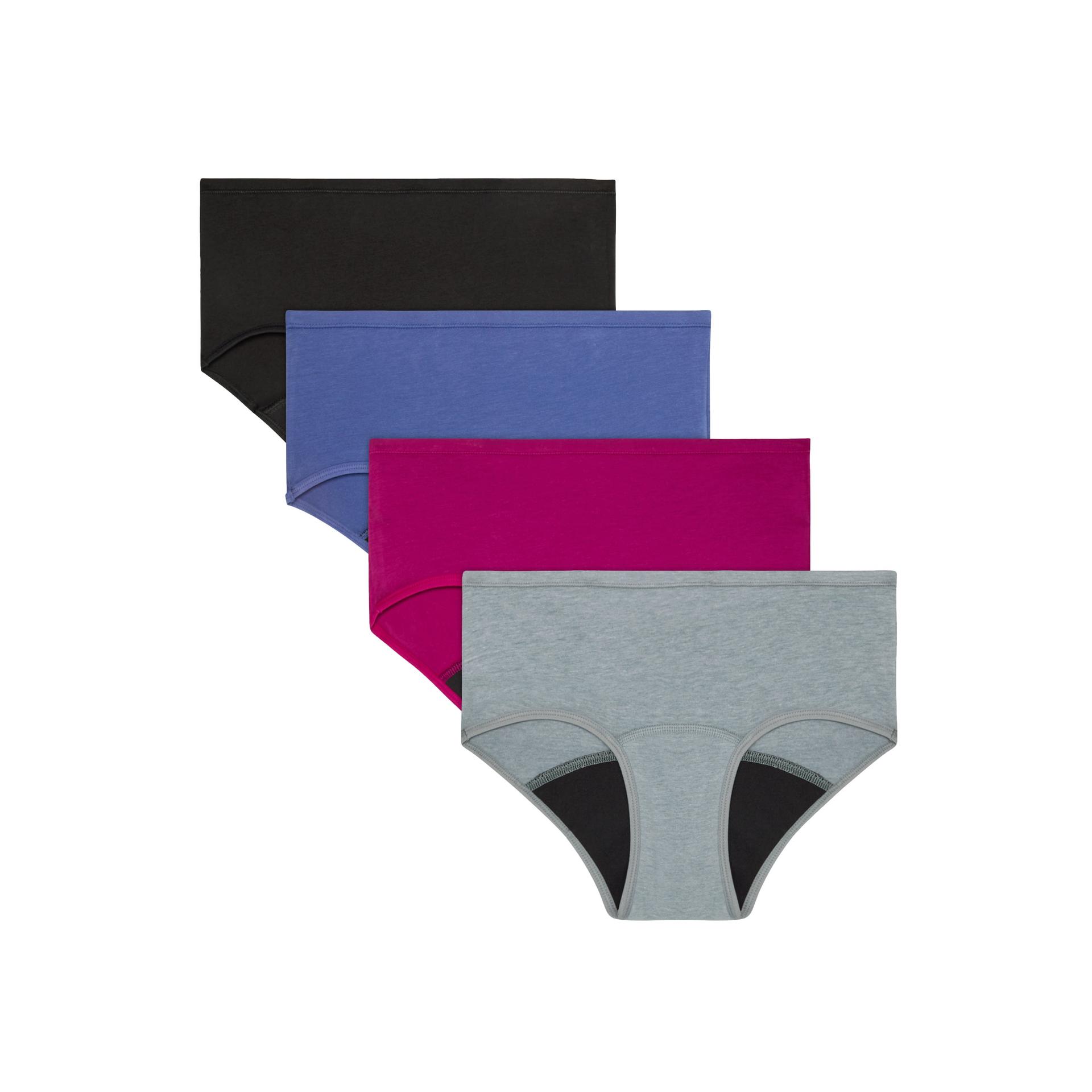 hanes comfort, period. girls' boyshort underwear, moderate leaks, assorted solids,